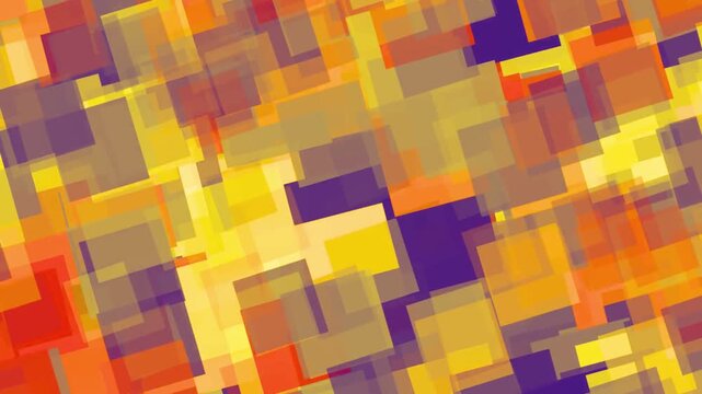 Abstract geometric pattern with overlapping translucent squares in vibrant yellow orange and purple hues, perfect for modern digital backgrounds or wallpaper design