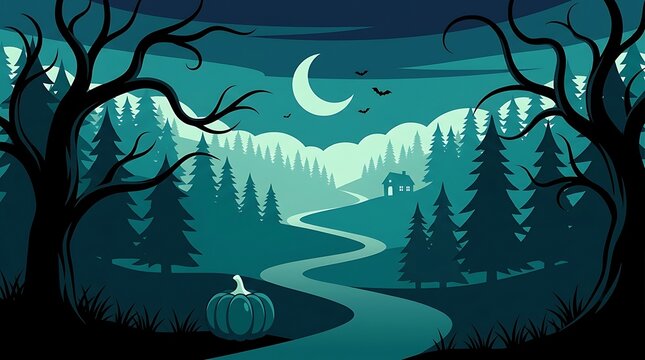 Pixel art halloween night forest with crescent moon and path