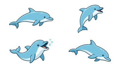 Fototapeta premium Cute Dolphin Character Vector Illustration Set Showing Various Swimming and Jumping Poses with Underwater Bubbles for Marine Life and Sea Theme Designs