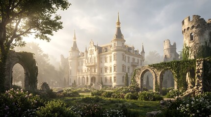 Fototapeta premium Breathtaking fairytale castle nestled in a misty, enchanted landscape surrounded by ancient stone ruins and lush, overgrown gardens with warm morning sunlight