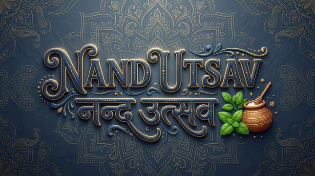 Nand utsav text with devanagari script featuring a pot of butter and mint leaves on a mandala pattern background.