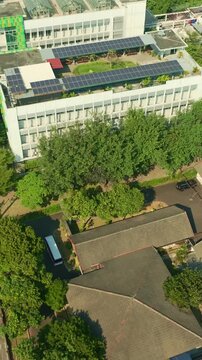 Aerial view of rooftop solar energy building in Yogyakarta