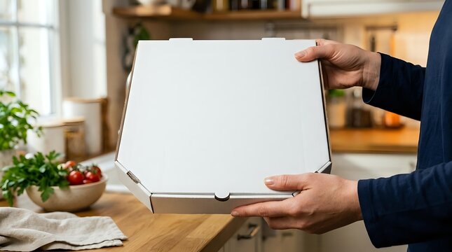 Person holding open white pizza box on wooden table in kitchen