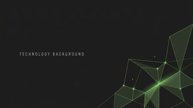 Dark abstract tech background featuring green wireframe polygonal shapes.