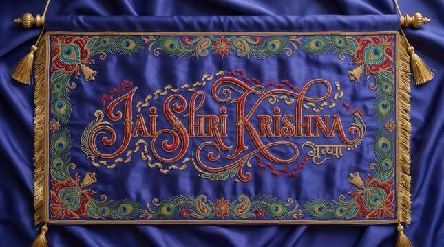 Jai shri krishna blue silk banner with peacock feather borders and red footprints for traditional devotional wall hanging.