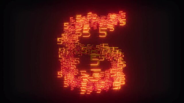 Animated countdown numbers formed by floating binary code particles in orange and gold glowing light, digital technology, data stream, motion graphics