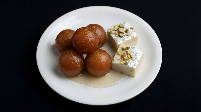 Plate of traditional indian sweets including gulab jamun and kaju katli