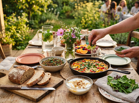 Person garnishing a homemade vegetable frittata with fresh herbs at an outdoor dining table. Family and friends gathered for a healthy summer garden party and shared meal