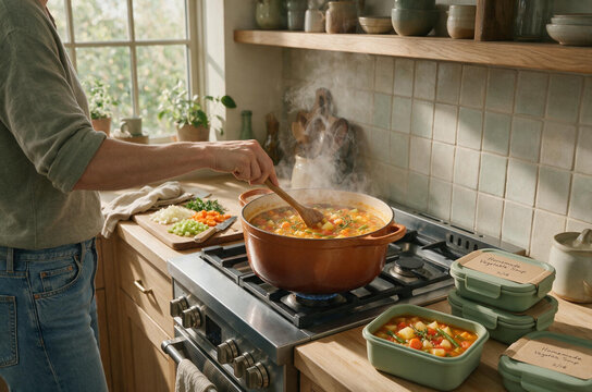 Person stirring a pot of steaming vegetable soup on a stove. Batch cooking and meal planning with labeled food storage containers in a rustic kitchen. Budgeting and frugal household lifestyle concept