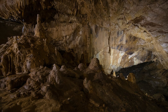 Stalagnates in one of the grottoes of New Athos cave. New Athos, Abkhazia