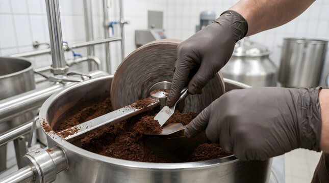 Worker Scooping Ground Chocolate from Industrial Mixer