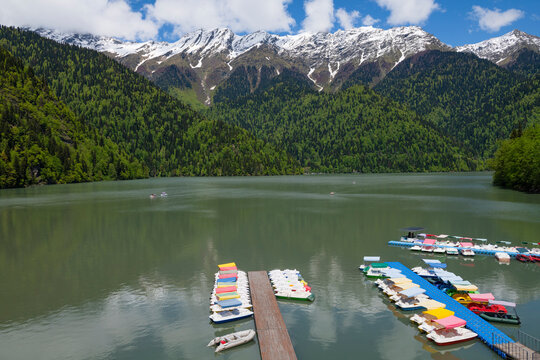 On the Ritsa mountain lake on a sunny May day