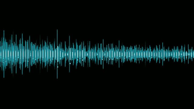 Cyan blue audio waveform visualization pulsating on black background, representing sound waves, rhythm, music production, digital signal processing, frequency spectrum, broadcasting
