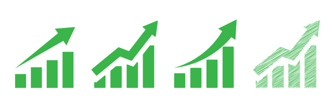Chart icon suitable. Bar graph icons in silhouette style. Statistic and data, charts diagrams, money, up arrow Growth icon set. Bar chart icon simple graphics set. Increasing stocks icon
