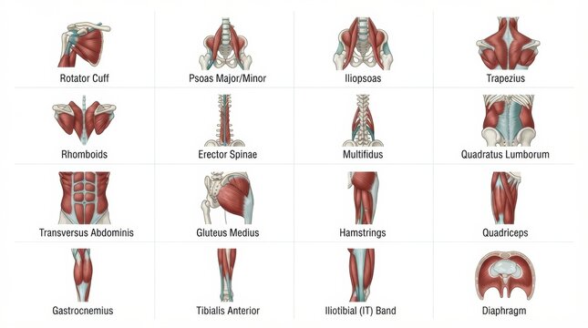 This grid displays important muscle groups involved in sports, focusing on anatomy and potential injuries for athletes.