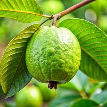 Fresh green guava fruit hanging from leafy branch in sunny orchard offers tropical organic harvest suitable for health conscious eating and vitamin rich juice.