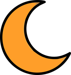 A simple graphic illustration of a bright orange crescent moon shape isolated on a solid black background © Razia