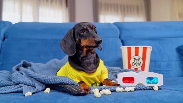 A black and tan dachshund dog in a yellow shirt licks its lips while sitting on a blue sofa near stereoscopic glasses, scattered popcorn and a striped tub, a movie night snack craving.