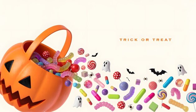 Trick or Treat 3D Pumpkin Bucket Spilling Candies Gummy Worms and Ghosts