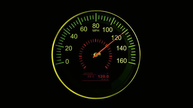 Digital speedometer gauge measuring vehicle velocity with moving needle, dashboard interface element, performance tracking, automotive technology data visualization