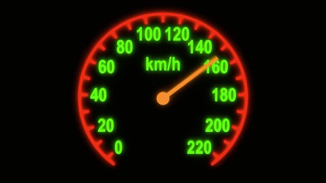 Digital speedometer gauge increasing speed in kilometers per hour on a dark background, representing vehicle performance, motion, and transport metrics