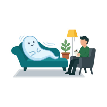 Friendly ghost lying on a couch during a psychotherapy session with a male therapist, mental health concept