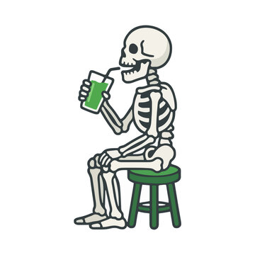 Funny human skeleton sitting on a green stool and drinking green healthy juice, quirky wellness concept