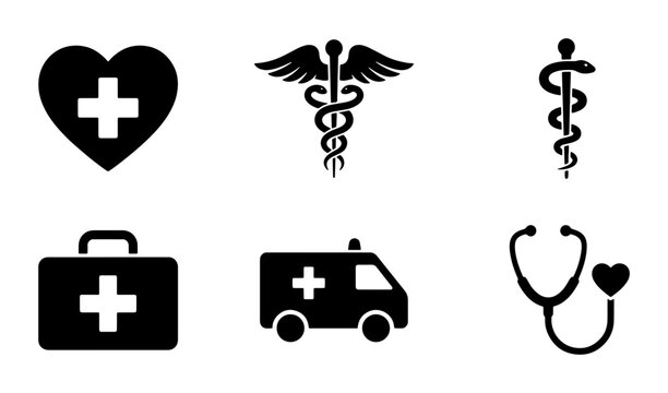 Medical Icons Set: Heart Cross, Caduceus, Rod of Asclepius, First Aid Kit, Ambulance, Stethoscope