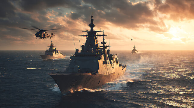 Modern naval warships and helicopter engage in maritime operation at sunset