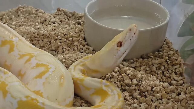 Albino python snake twitching its head inside a plastic cage, Curled Reptile, Reptilian Wildlife, Exotic Animal, Cold-blooded Predator, Pet Zoo