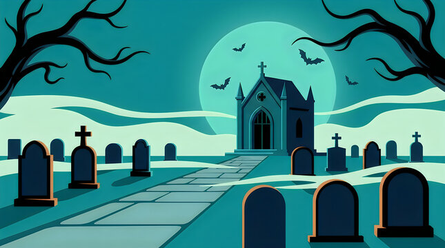 Spooky graveyard with gothic church under moonlight