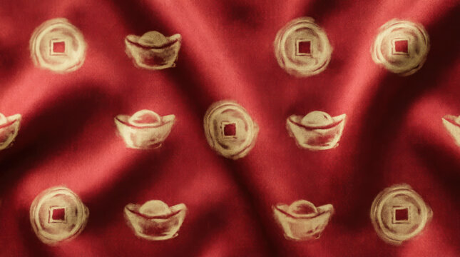 Chinese New Year red silk fabric with gold ancient coins and ingot pattern