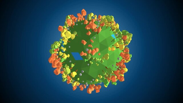 Lowpoly planet Earth model featuring autumn trees in a 3D rendering ideal for environmental technology, sustainability concepts, and holiday themes