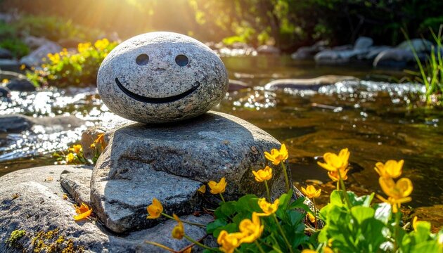 Smiley stone with flowers by sunlit stream water