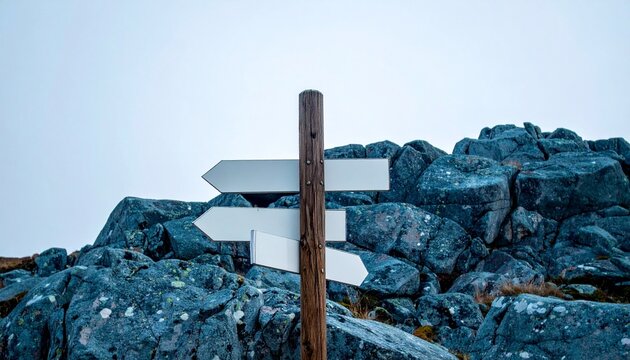 Blank wooden signpost pointing directions in rocky mountain landscape