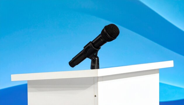 Microphone on podium with blue modern gradient background