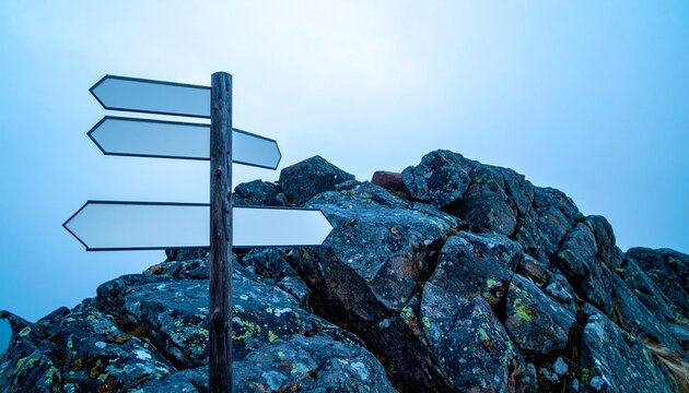 Blank wooden signpost pointing directions in rocky mountain landscape