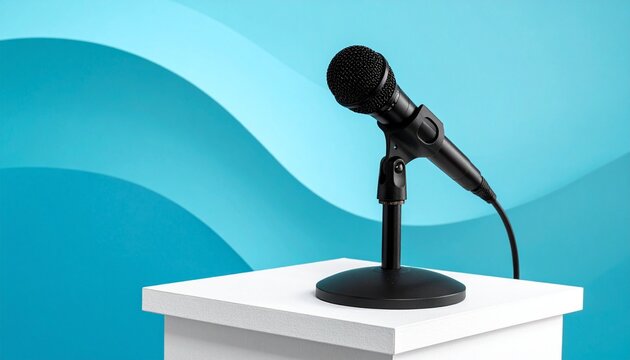 Microphone on podium with blue modern gradient background