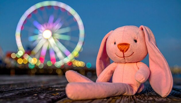 Pink stuffed bunny with Ferris wheel lights at night