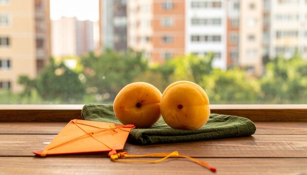 Two peaches and kite on balcony with urban backdrop