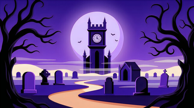 Haunted clock tower in a moonlit graveyard