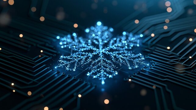 Glowing blue snowflake shaped circuit board component emitting radiant light rays with intricate metallic textures and modern digital aesthetic patterns