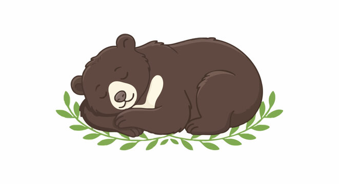 vector illustration of a cute sleeping bear on green leaves