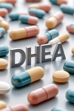 DHEA capsules hormone produced adrenal glands, production testosterone and estrogen AI Generative