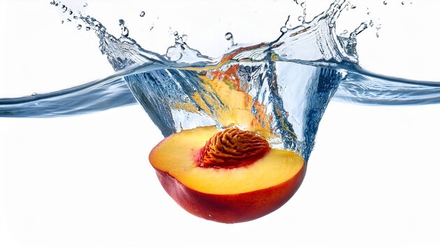 nectarine slice entering water isolated on white background