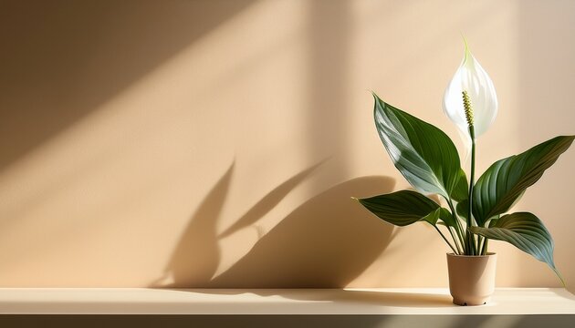 art spathiphyllum flower on beige wall minimalist still life light and shadow sunlight window aesthetic natural background