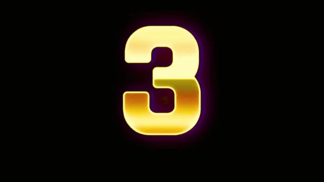 Glowing golden numbers sequence countdown, metallic typography animation with smooth motion, broadcast design elements