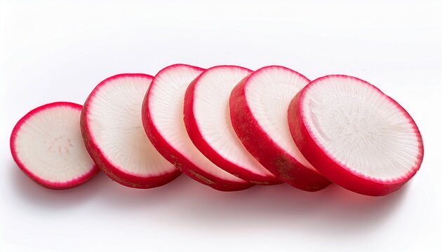 radish slices arranged neatly food ingredient concept isolated on white background