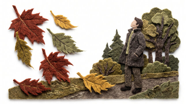 Person standing among autumn leaves in a textured forest scene  