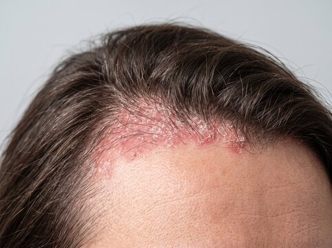 Scalp Psoriasis at Hairline with Plaque and Scaling